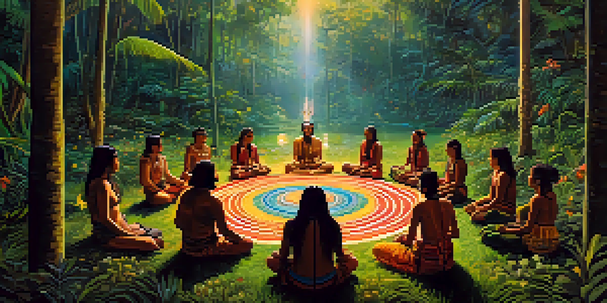 An Ayahuasca ceremony in the Amazon rainforest, with participants in a circle and a shaman in the center, surrounded by lush greenery and warm evening light.