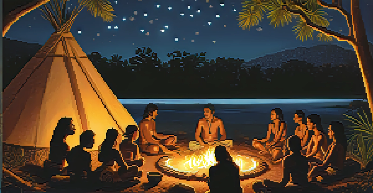 A group of people in a circle around a bonfire during an Ayahuasca ceremony, illuminated by firelight under a starry sky.