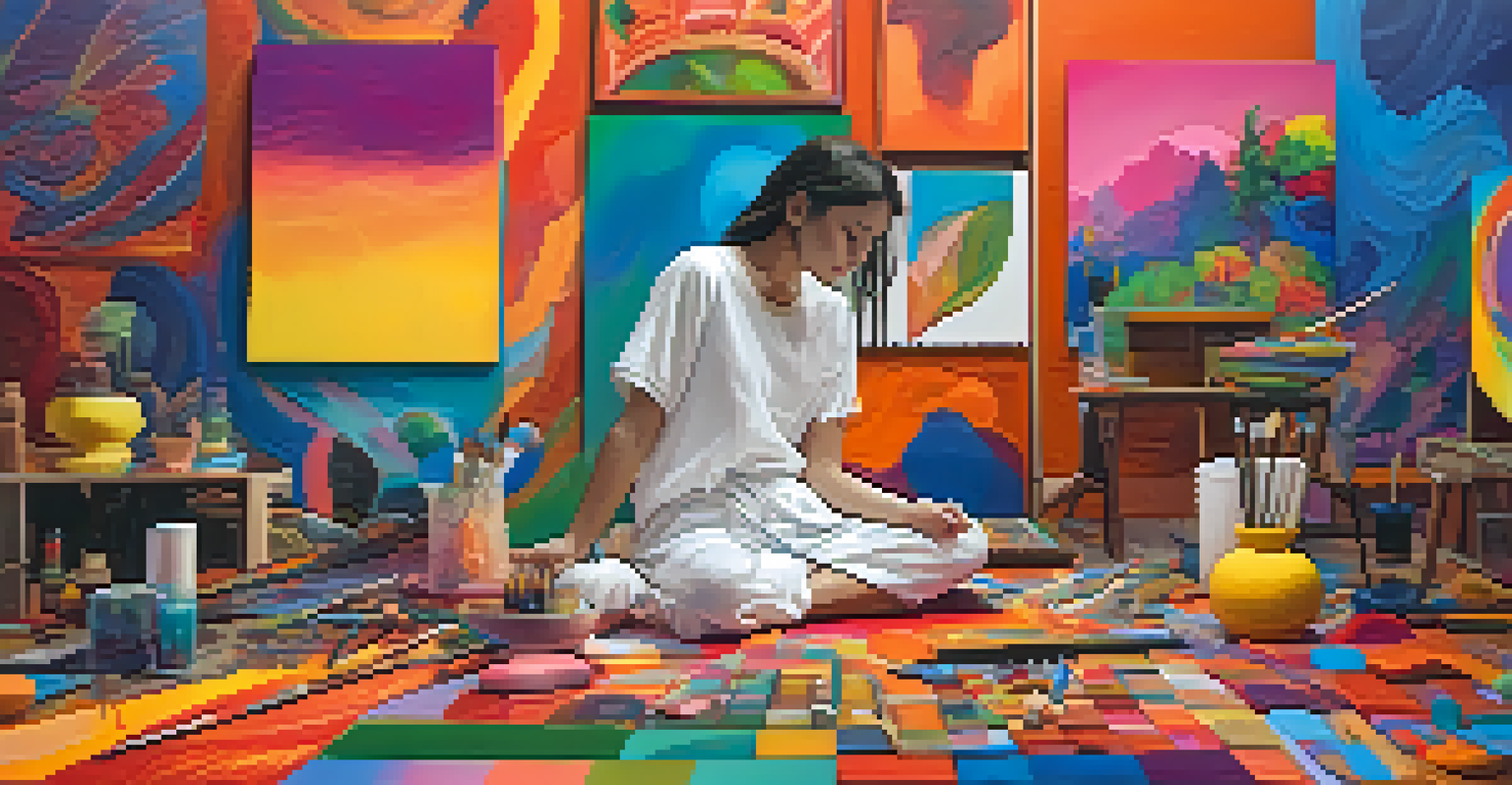 A person painting an abstract canvas in a colorful studio, surrounded by art supplies, expressing emotions.