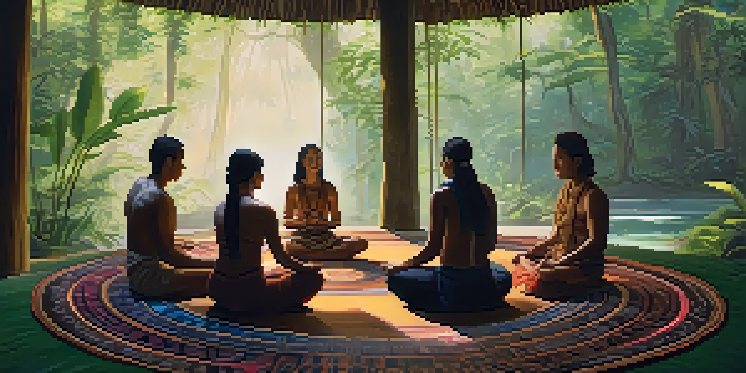 A peaceful ayahuasca retreat in the Amazon rainforest with participants meditating in a circle.