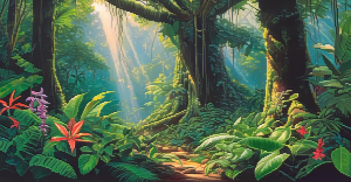 A peaceful Amazon rainforest with a vine wrapped around a tree, sunlight filtering through the leaves, and diverse plants and wildlife.