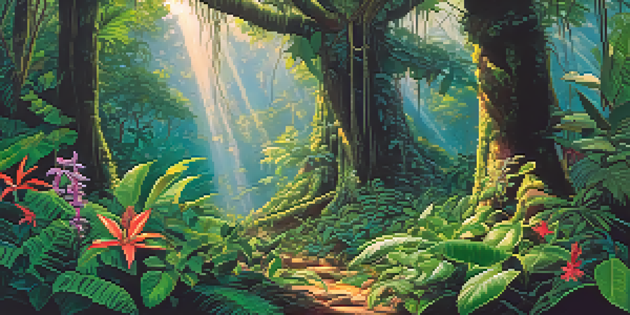 A peaceful Amazon rainforest with a vine wrapped around a tree, sunlight filtering through the leaves, and diverse plants and wildlife.