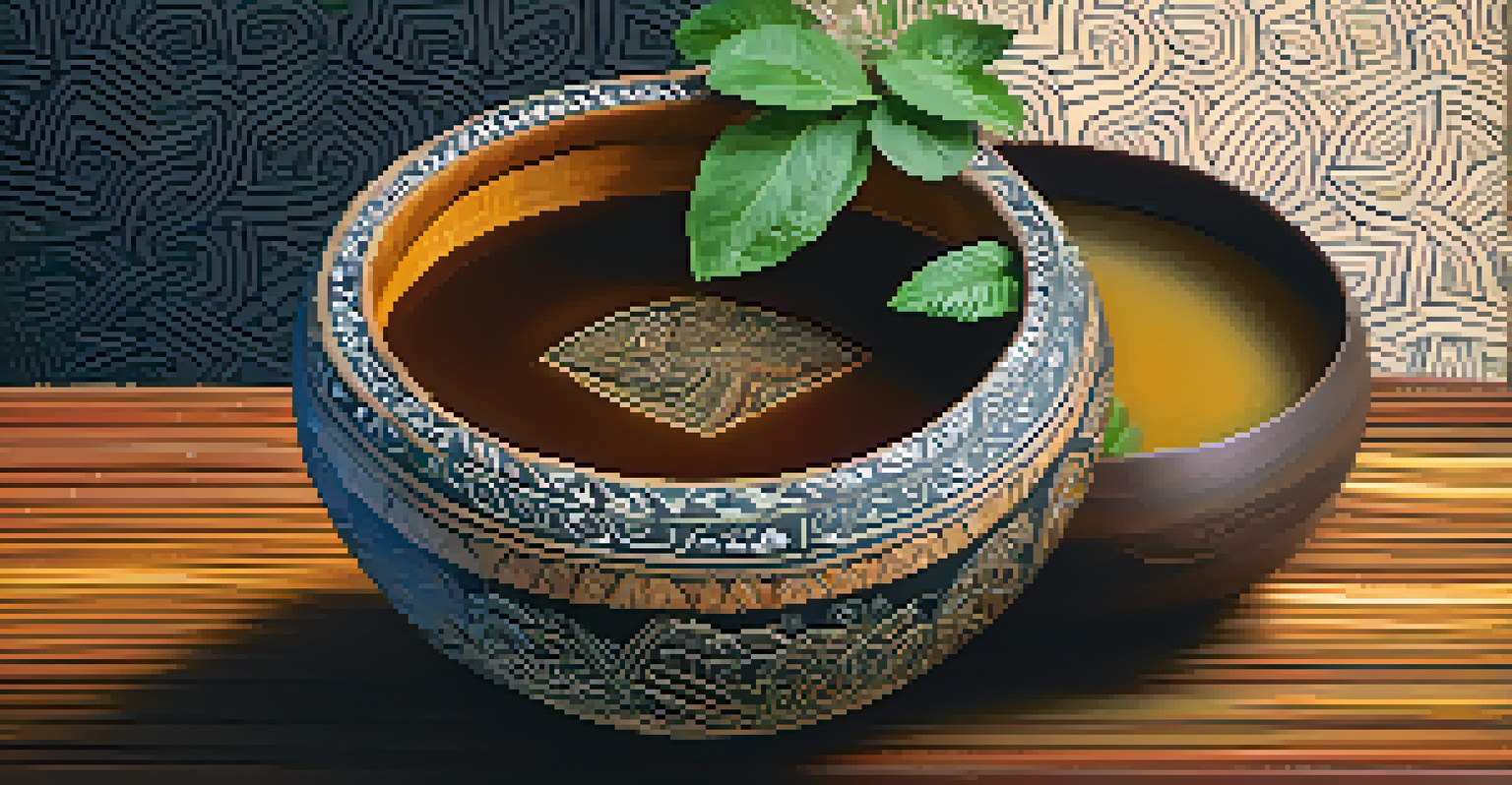 A close-up of a traditional Ayahuasca brew bowl filled with dark liquid, surrounded by fresh herbs, showcasing intricate carvings and soft natural lighting.