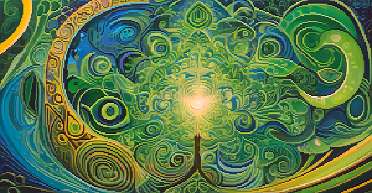 An abstract depiction of an Ayahuasca journey with swirling colors and fluid shapes, featuring a meditative figure.