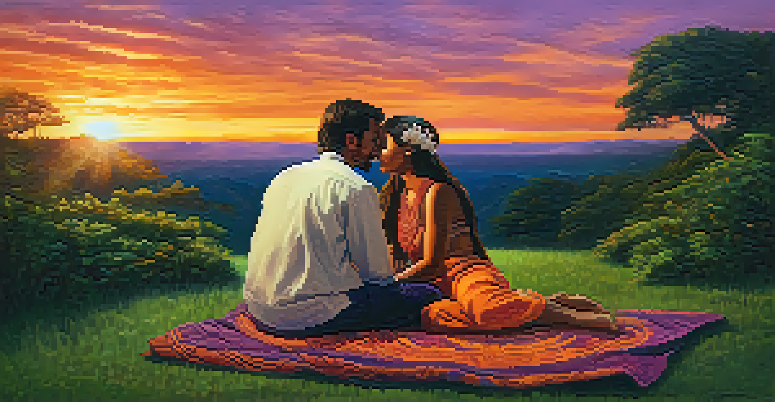 Two people sitting on grass, smiling and talking after an Ayahuasca ceremony, with a colorful sunset sky in the background.