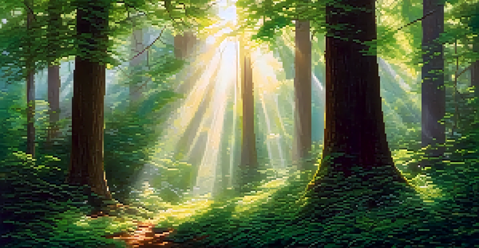 A tranquil forest with tall trees and sunlight filtering through the leaves, creating a peaceful clearing for meditation.