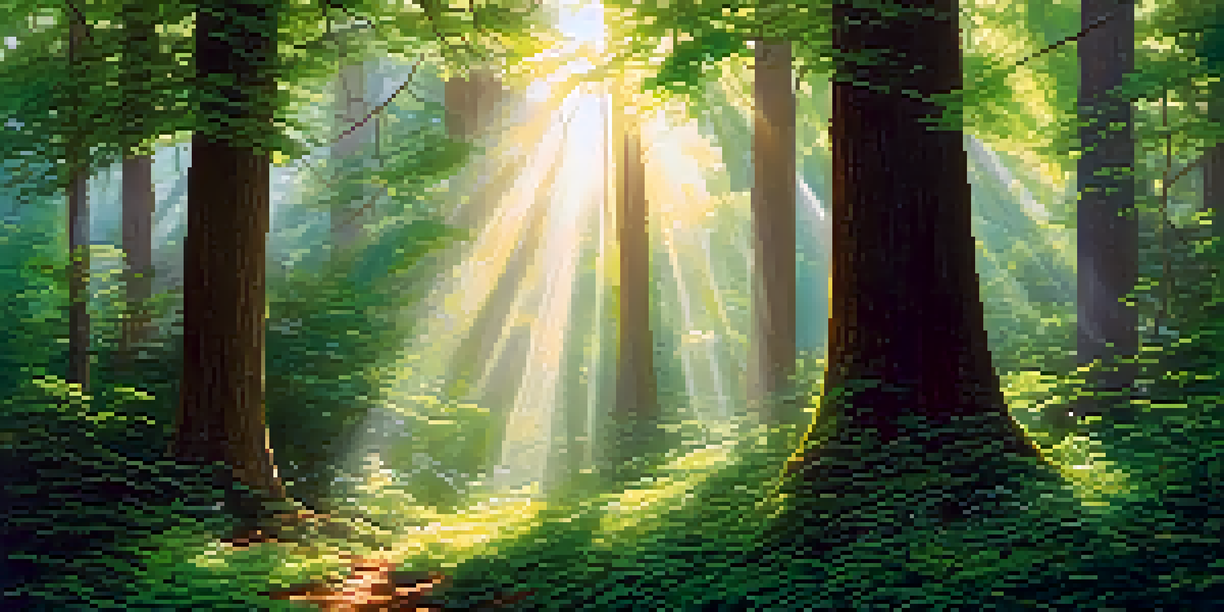 A tranquil forest with tall trees and sunlight filtering through the leaves, creating a peaceful clearing for meditation.