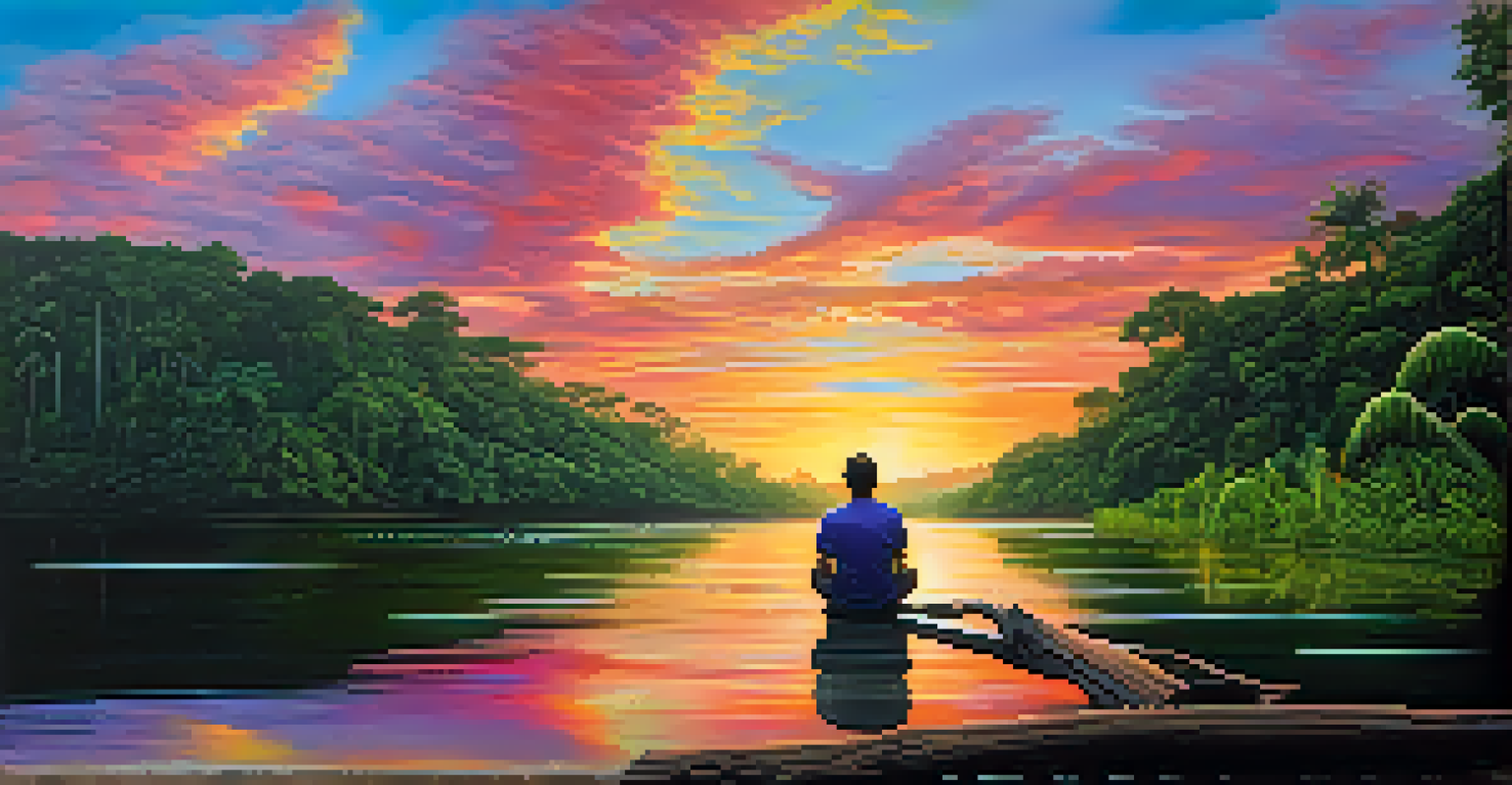 A person sitting by a peaceful river in the Amazon at sunset, reflecting after an Ayahuasca ceremony, surrounded by lush greenery.