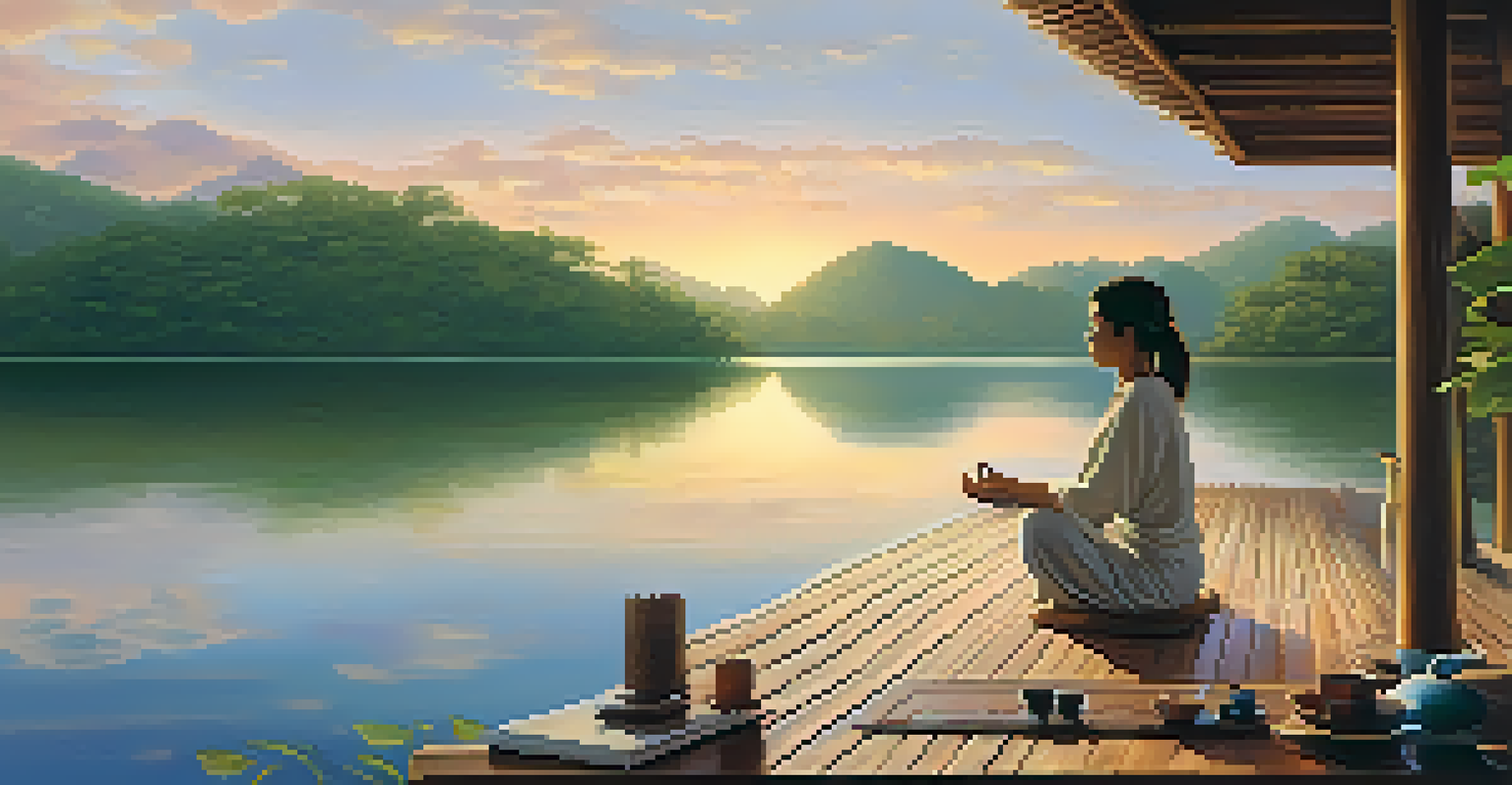 A peaceful scene of a person practicing yoga on a lake deck at sunrise, with a journal and tea nearby, representing the integration of ayahuasca experiences.