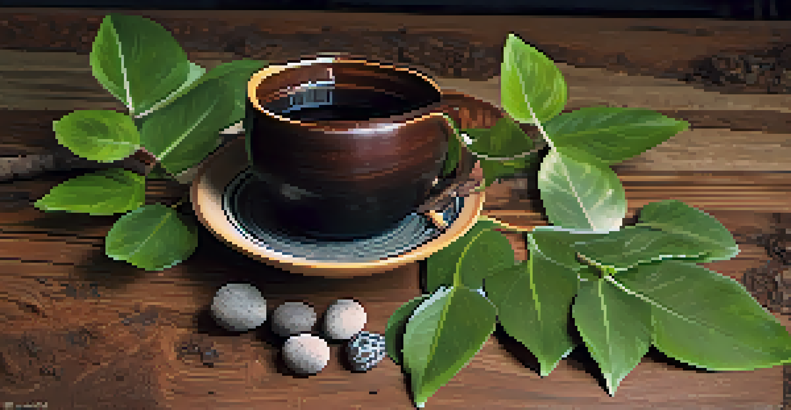 A rustic ceramic cup filled with Ayahuasca brew, surrounded by leaves, stones, and feathers on a wooden table, illuminated by warm, soft lighting.