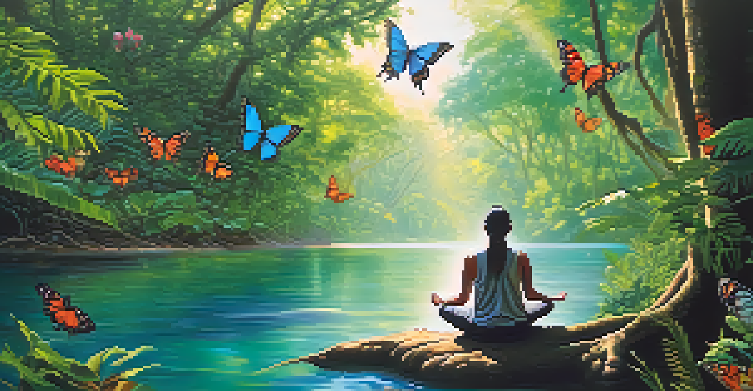 A person meditating by a flowing river in the Amazon rainforest, surrounded by lush greenery and butterflies, with sunlight filtering through the trees.