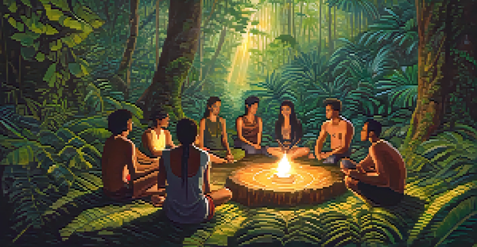 A group of diverse individuals sitting in a circle during an Ayahuasca ceremony in a lush rainforest, with soft golden light filtering through the trees.