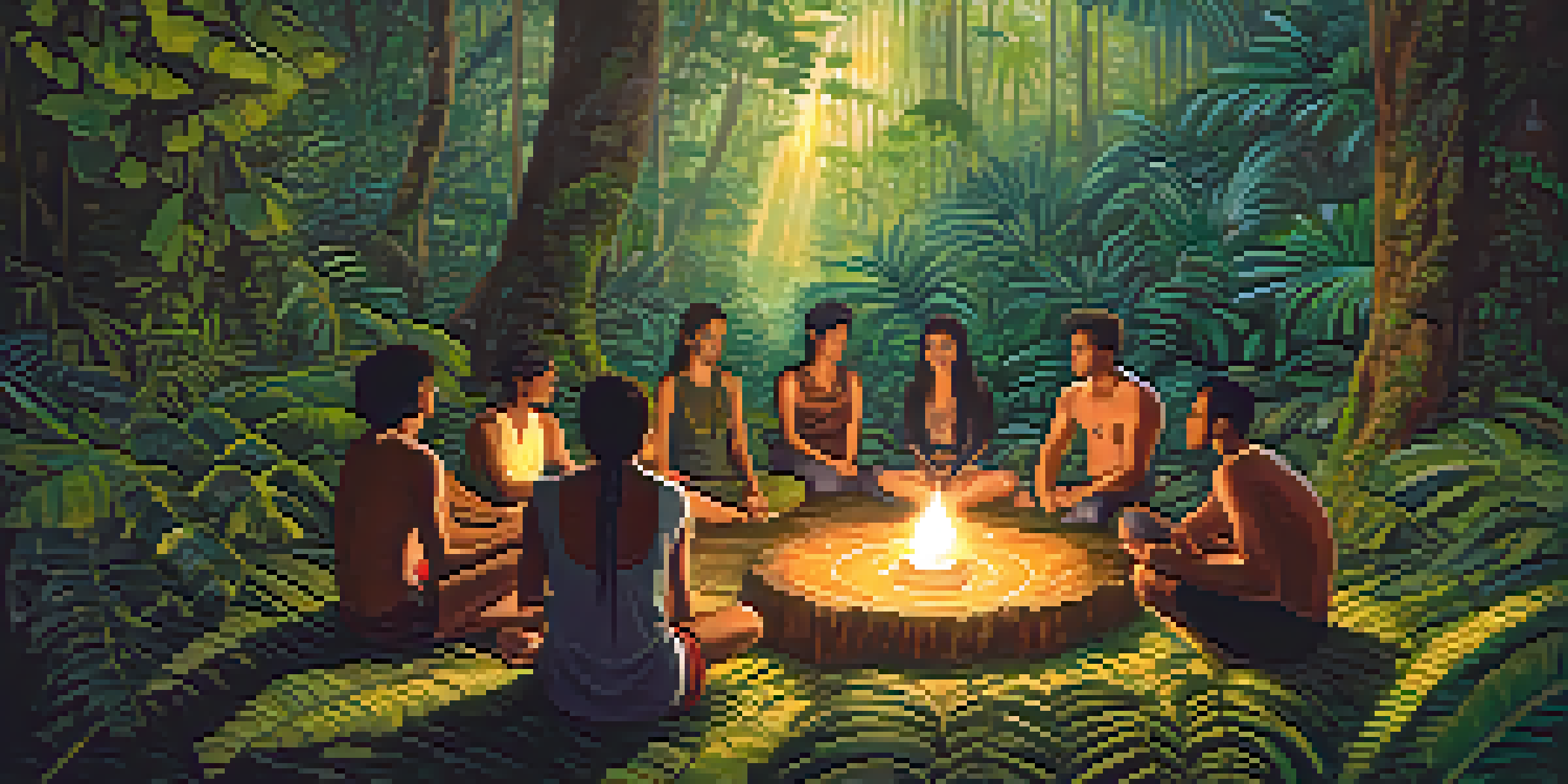 A group of diverse individuals sitting in a circle during an Ayahuasca ceremony in a lush rainforest, with soft golden light filtering through the trees.