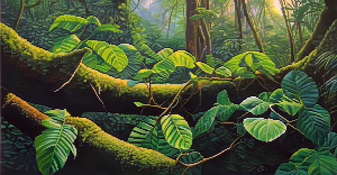 A lush Amazon rainforest with intertwining vines and leaves, sunlight filtering through the trees, and colorful flowers in the underbrush.