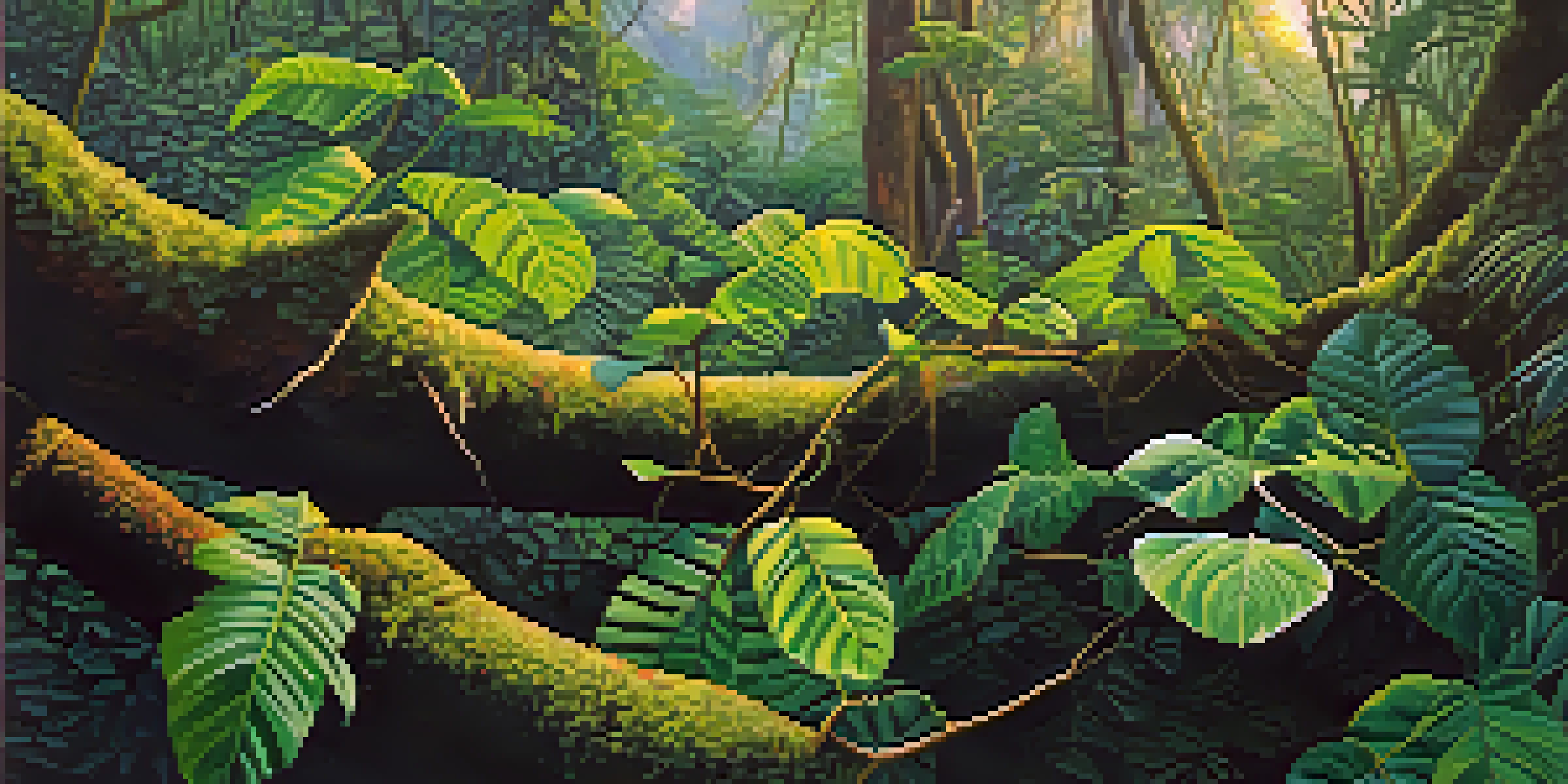 A lush Amazon rainforest with intertwining vines and leaves, sunlight filtering through the trees, and colorful flowers in the underbrush.