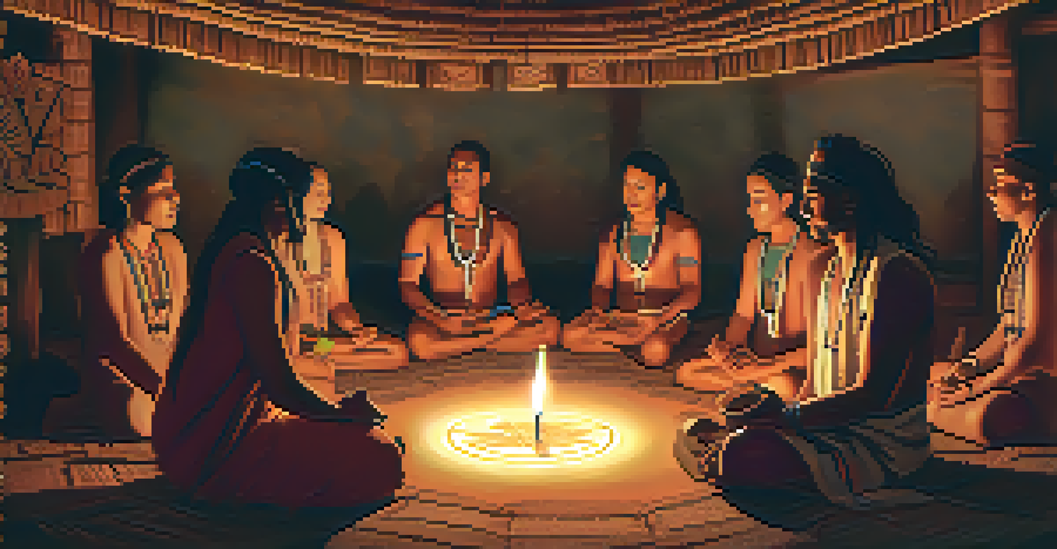 An Ayahuasca ceremony in a candle-lit room with participants sitting in a circle and a shaman leading the session.