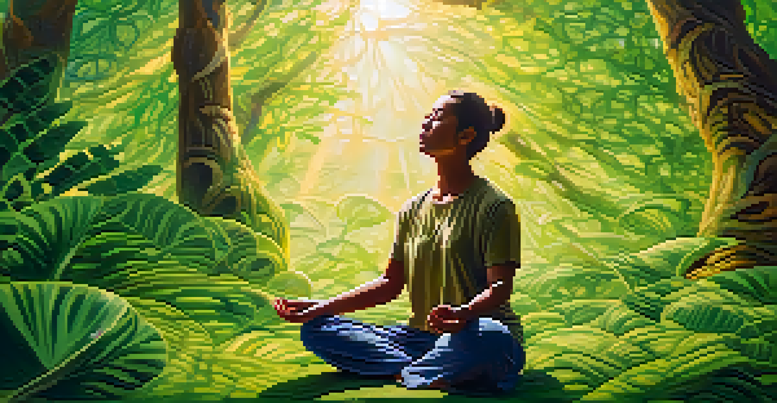 A person meditating in nature with colorful swirling patterns around them, symbolizing awareness and healing.