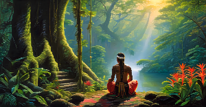 A peaceful scene in the Amazon rainforest at dawn with a shaman preparing Ayahuasca surrounded by lush greenery and flowers.