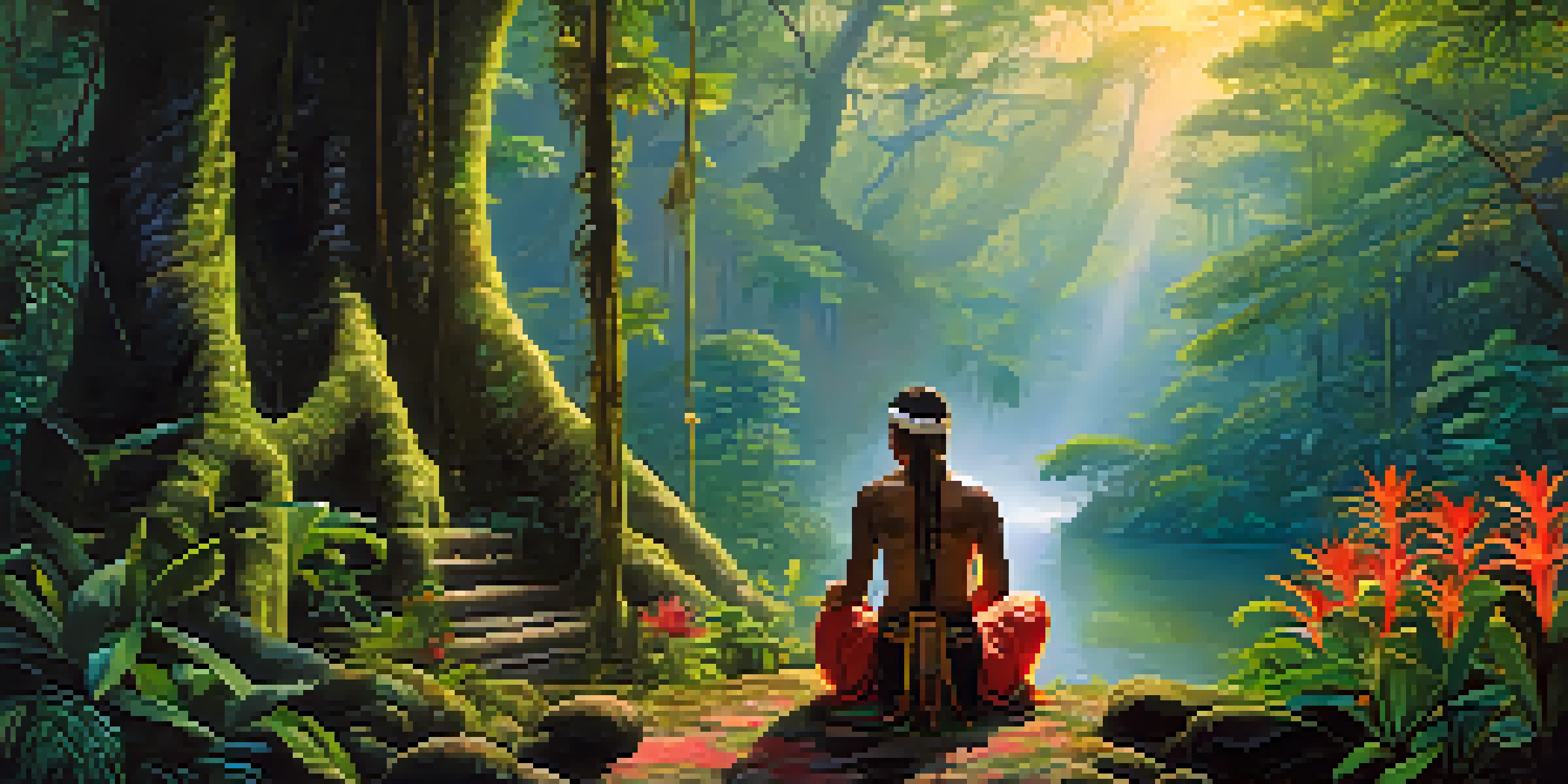 A peaceful scene in the Amazon rainforest at dawn with a shaman preparing Ayahuasca surrounded by lush greenery and flowers.