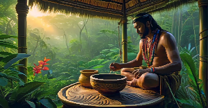 An Amazon rainforest at dawn with a shaman preparing Ayahuasca in a wooden bowl, surrounded by lush green plants and flowers.