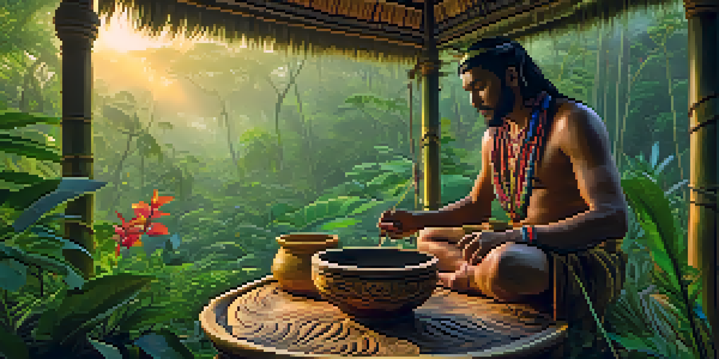 An Amazon rainforest at dawn with a shaman preparing Ayahuasca in a wooden bowl, surrounded by lush green plants and flowers.