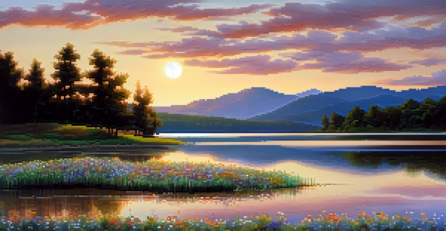 A lakeside view at sunset, with colorful reflections in the water, surrounded by smooth pebbles and wildflowers.