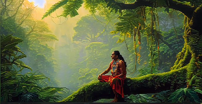 A peaceful Amazon rainforest at dawn, featuring the Banisteriopsis caapi vine, vibrant foliage, and a shaman in traditional attire.