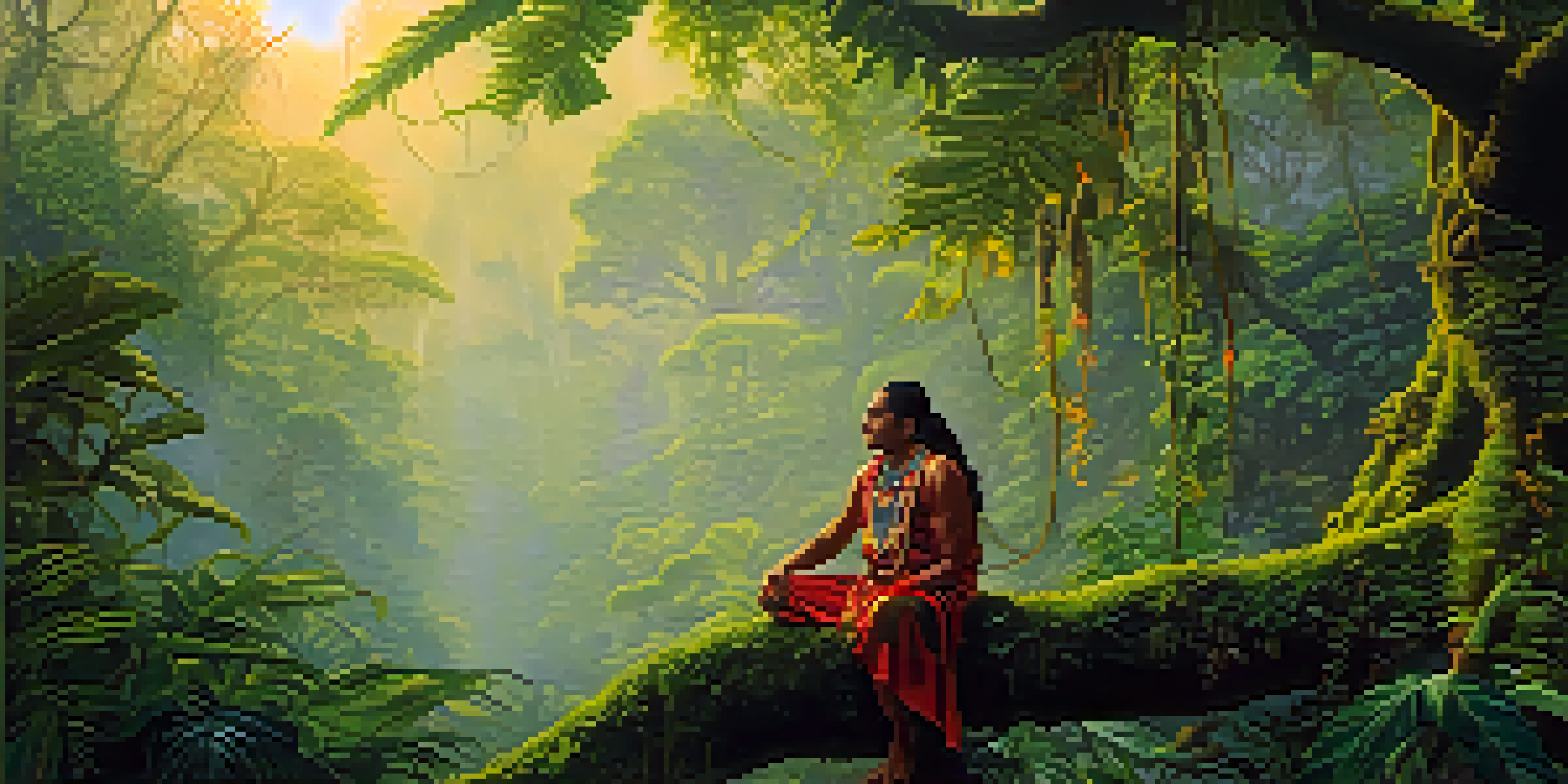 A peaceful Amazon rainforest at dawn, featuring the Banisteriopsis caapi vine, vibrant foliage, and a shaman in traditional attire.