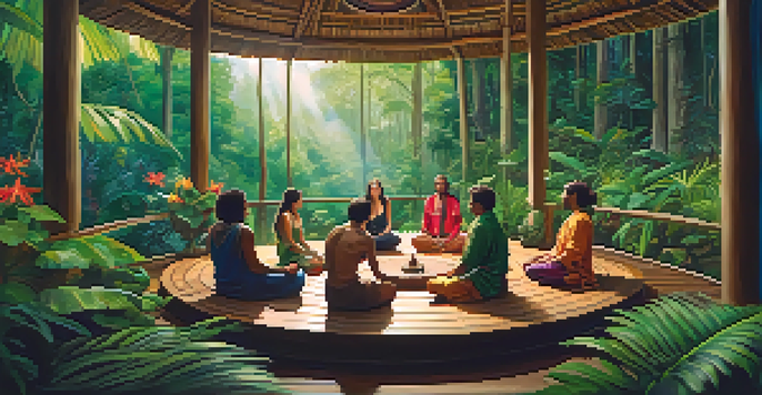 A peaceful Ayahuasca retreat in the Amazon rainforest, with people meditating in a circle under the trees.