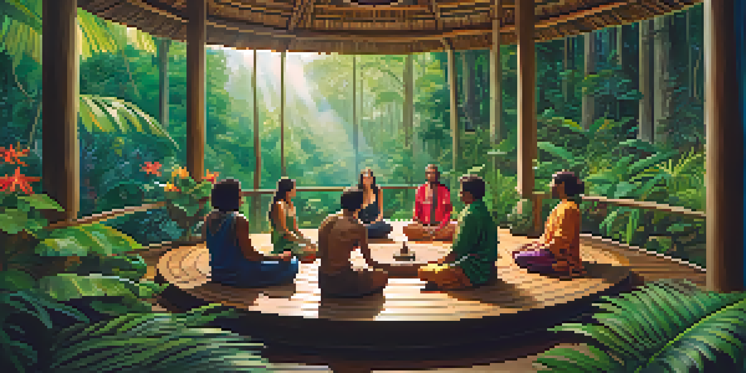 A peaceful Ayahuasca retreat in the Amazon rainforest, with people meditating in a circle under the trees.