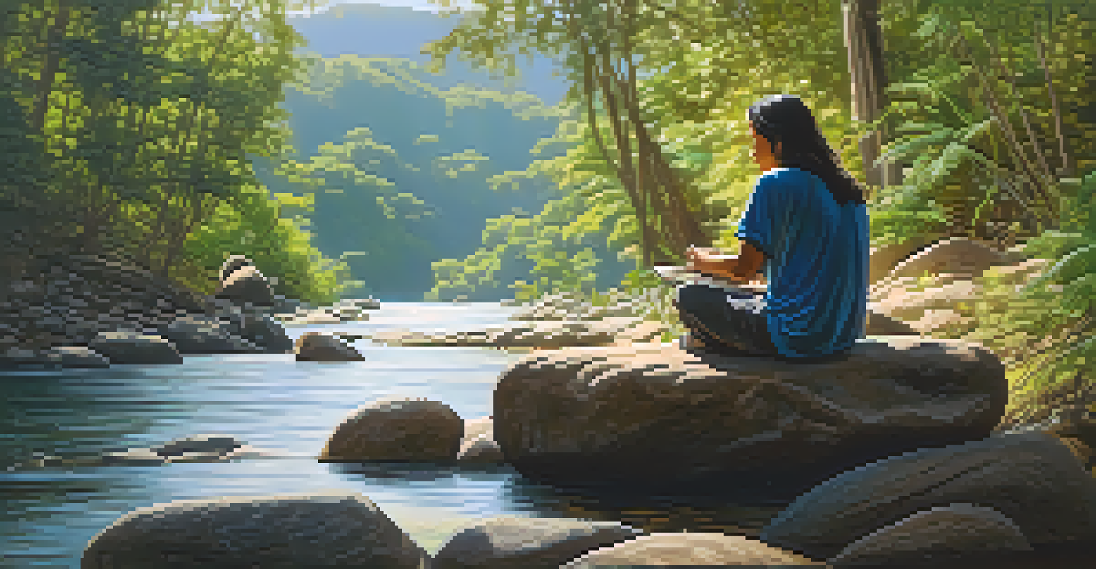 A participant journaling in a natural setting after an ayahuasca ceremony, seated on a rock by a river, surrounded by trees, reflecting a sense of peace.