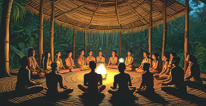 Participants in a circle during an ayahuasca ceremony in a rainforest, with a shaman at the center and candlelight illuminating the scene.