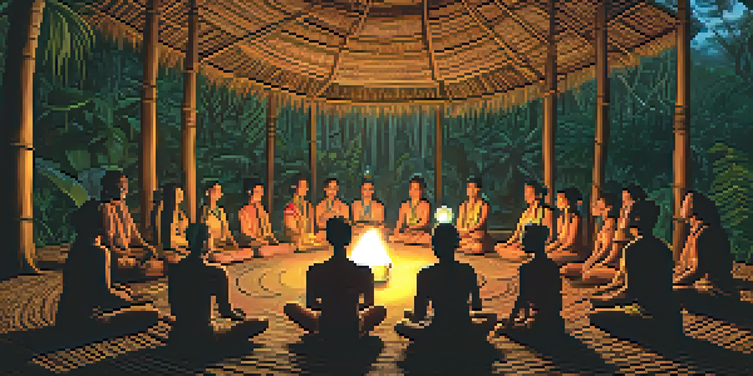Participants in a circle during an ayahuasca ceremony in a rainforest, with a shaman at the center and candlelight illuminating the scene.