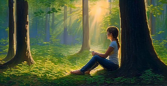 A peaceful forest with a person meditating on the ground, surrounded by lush trees and soft morning light.