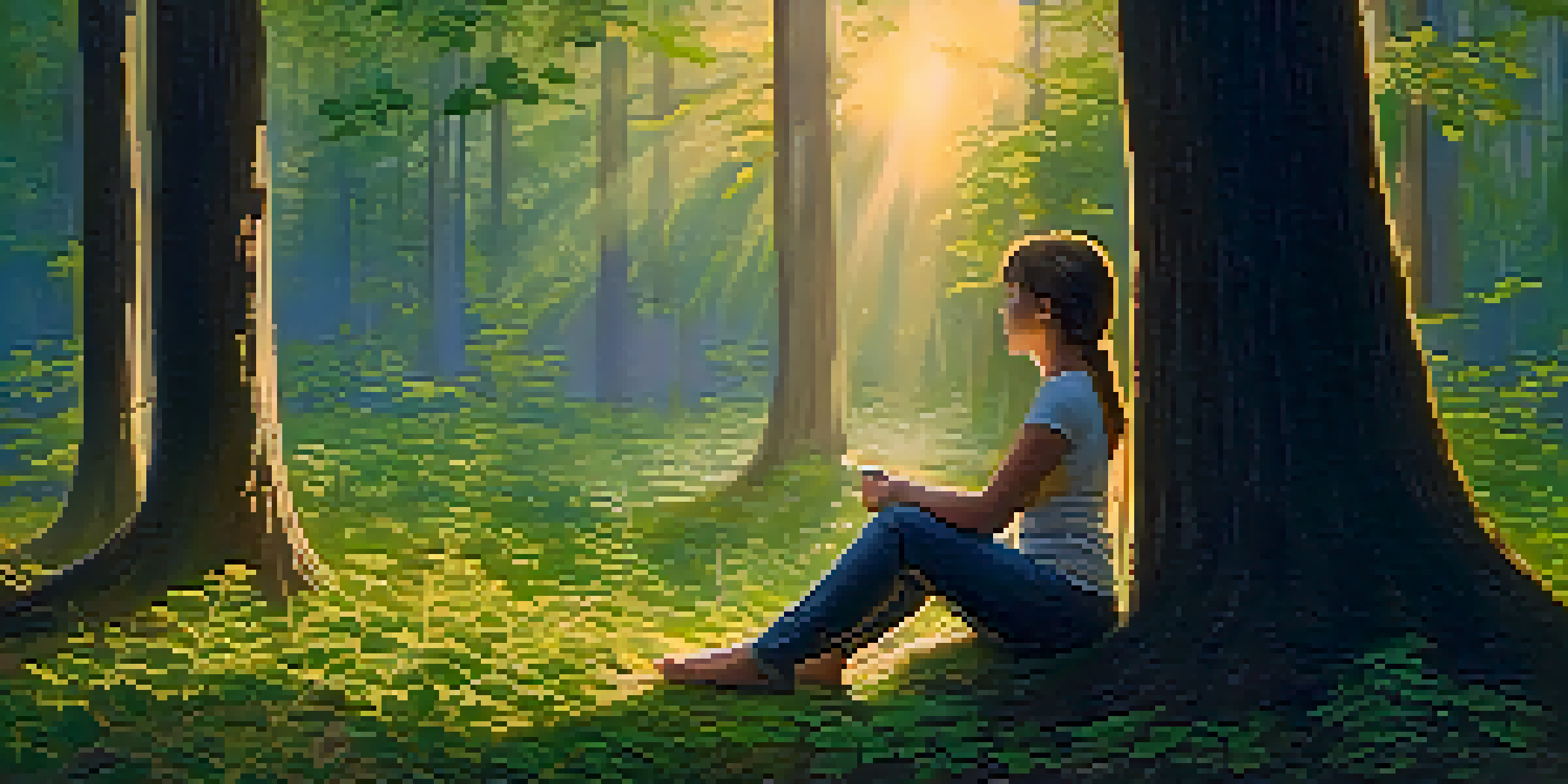 A peaceful forest with a person meditating on the ground, surrounded by lush trees and soft morning light.