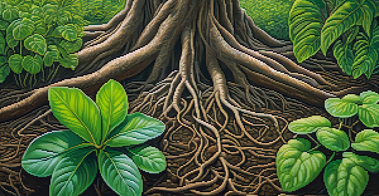 A close-up view of Ayahuasca plants with roots in nutrient-rich soil, surrounded by vibrant cover crops, illuminated by sunlight.