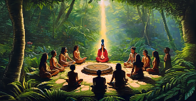 A traditional ayahuasca ceremony in the Amazon rainforest, featuring a shaman and participants in a circle surrounded by lush greenery and dappled sunlight.