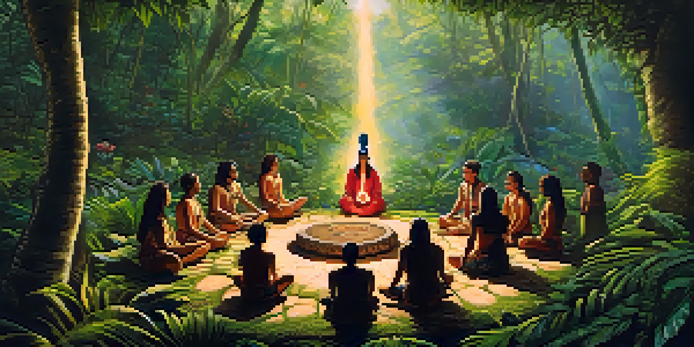 A traditional ayahuasca ceremony in the Amazon rainforest, featuring a shaman and participants in a circle surrounded by lush greenery and dappled sunlight.