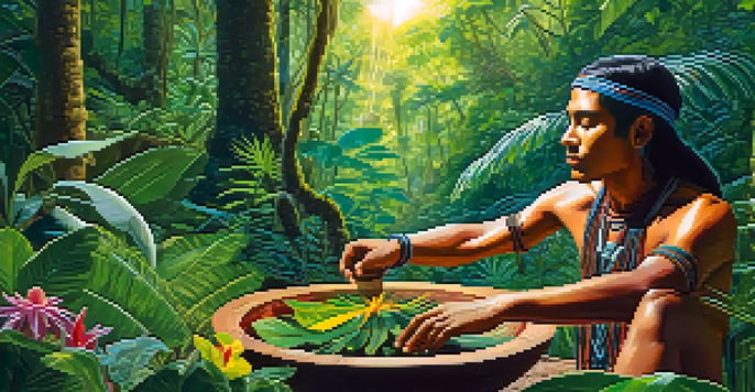 An indigenous healer preparing ayahuasca in a beautiful Amazon rainforest setting, with vibrant greenery and sunlight filtering through the trees.