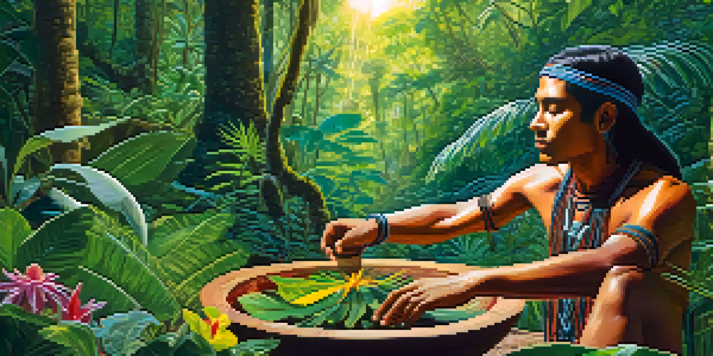 An indigenous healer preparing ayahuasca in a beautiful Amazon rainforest setting, with vibrant greenery and sunlight filtering through the trees.
