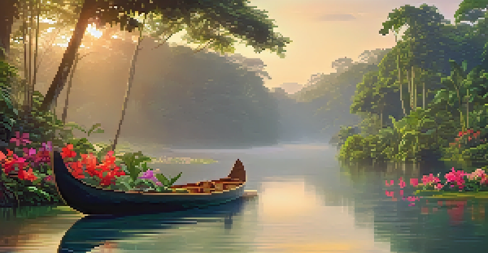 A tranquil Amazonian landscape at dawn with a misty river, traditional canoe, and vibrant tropical flowers under golden sunlight.