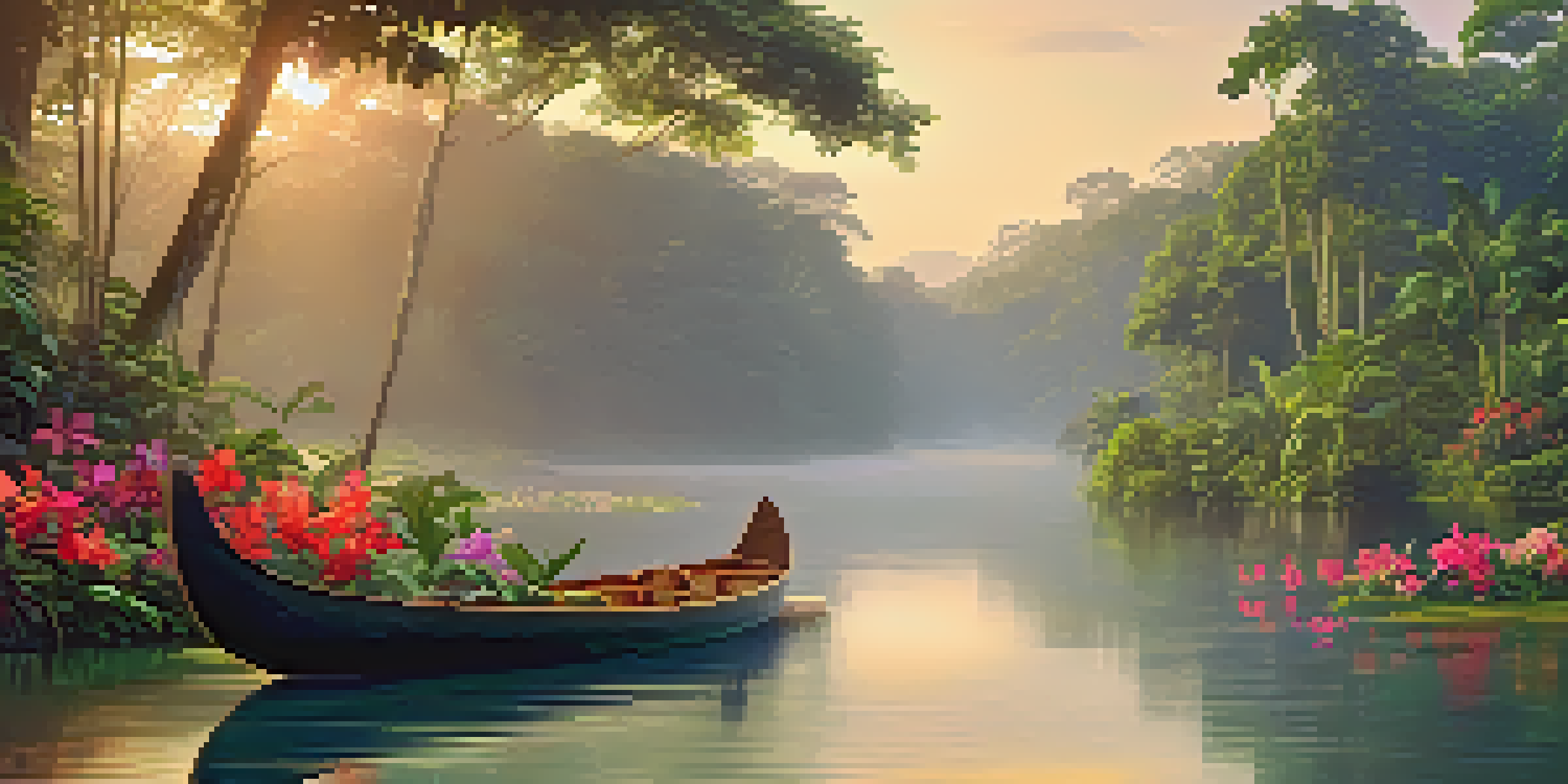 A tranquil Amazonian landscape at dawn with a misty river, traditional canoe, and vibrant tropical flowers under golden sunlight.