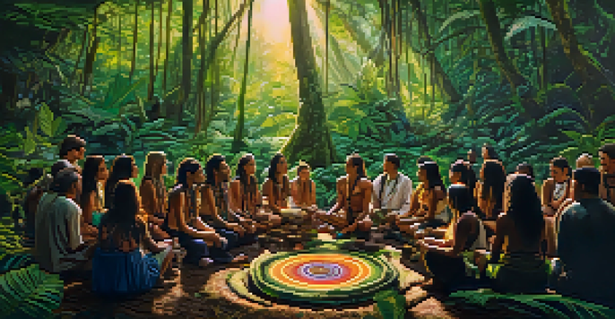 A peaceful scene of participants in a circle during an Ayahuasca ceremony in the Amazon rainforest, surrounded by lush greenery and dappled sunlight.