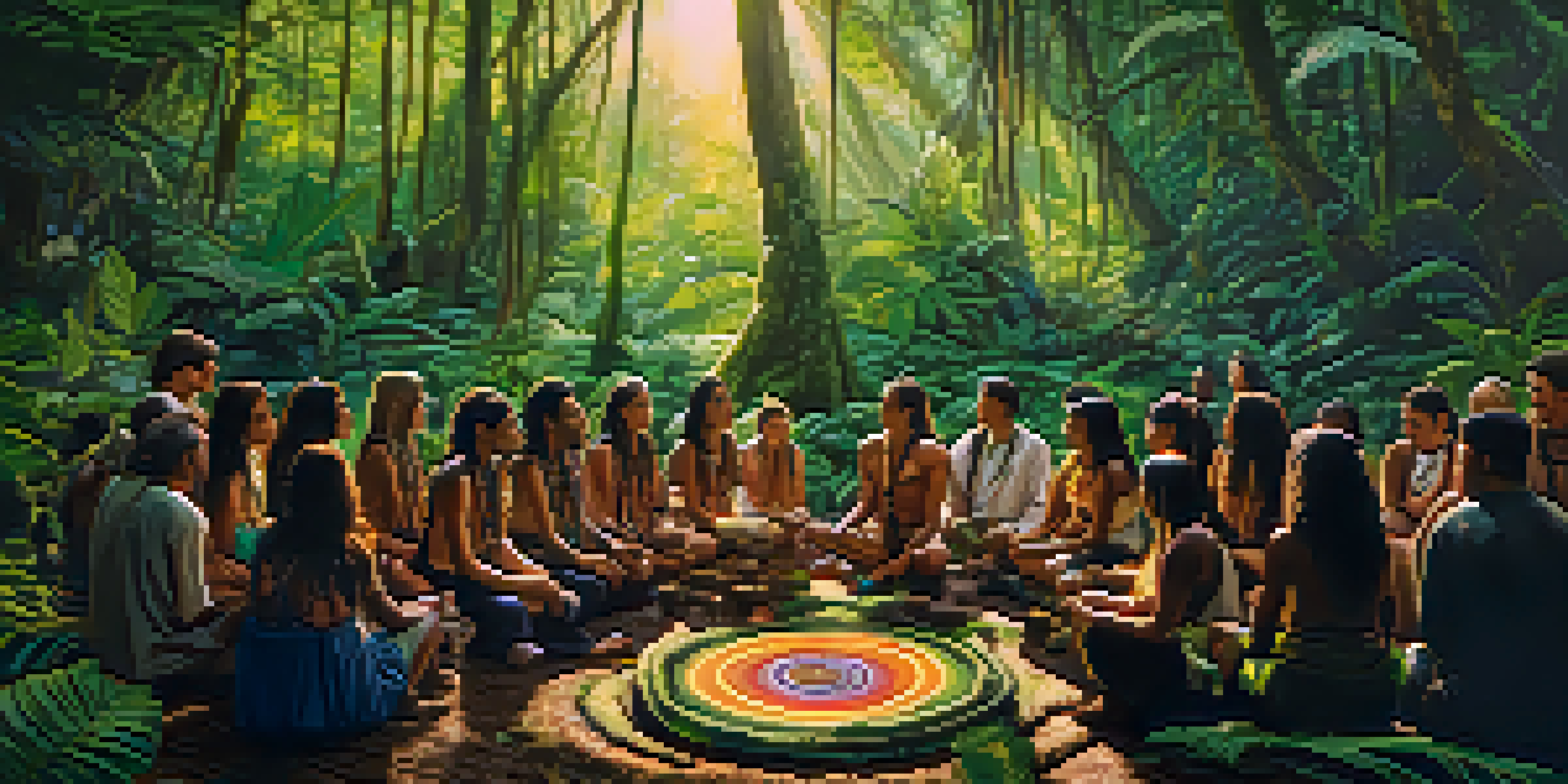 A peaceful scene of participants in a circle during an Ayahuasca ceremony in the Amazon rainforest, surrounded by lush greenery and dappled sunlight.