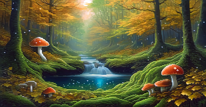 A surreal landscape featuring a swirling galaxy in the sky and a serene forest with vibrant trees and a sparkling stream.