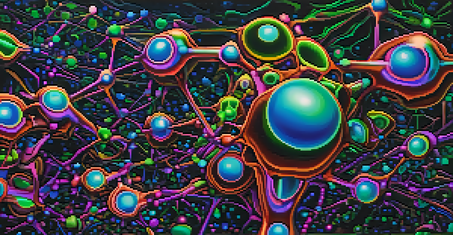 A colorful artistic representation of the molecular structures of DMT and MAOIs against a dark background, showcasing vibrant colors and textures.