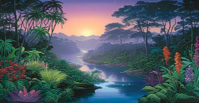 A tranquil jungle scene at dusk with a glowing river, bioluminescent plants, and Indigenous people in ceremonial attire.