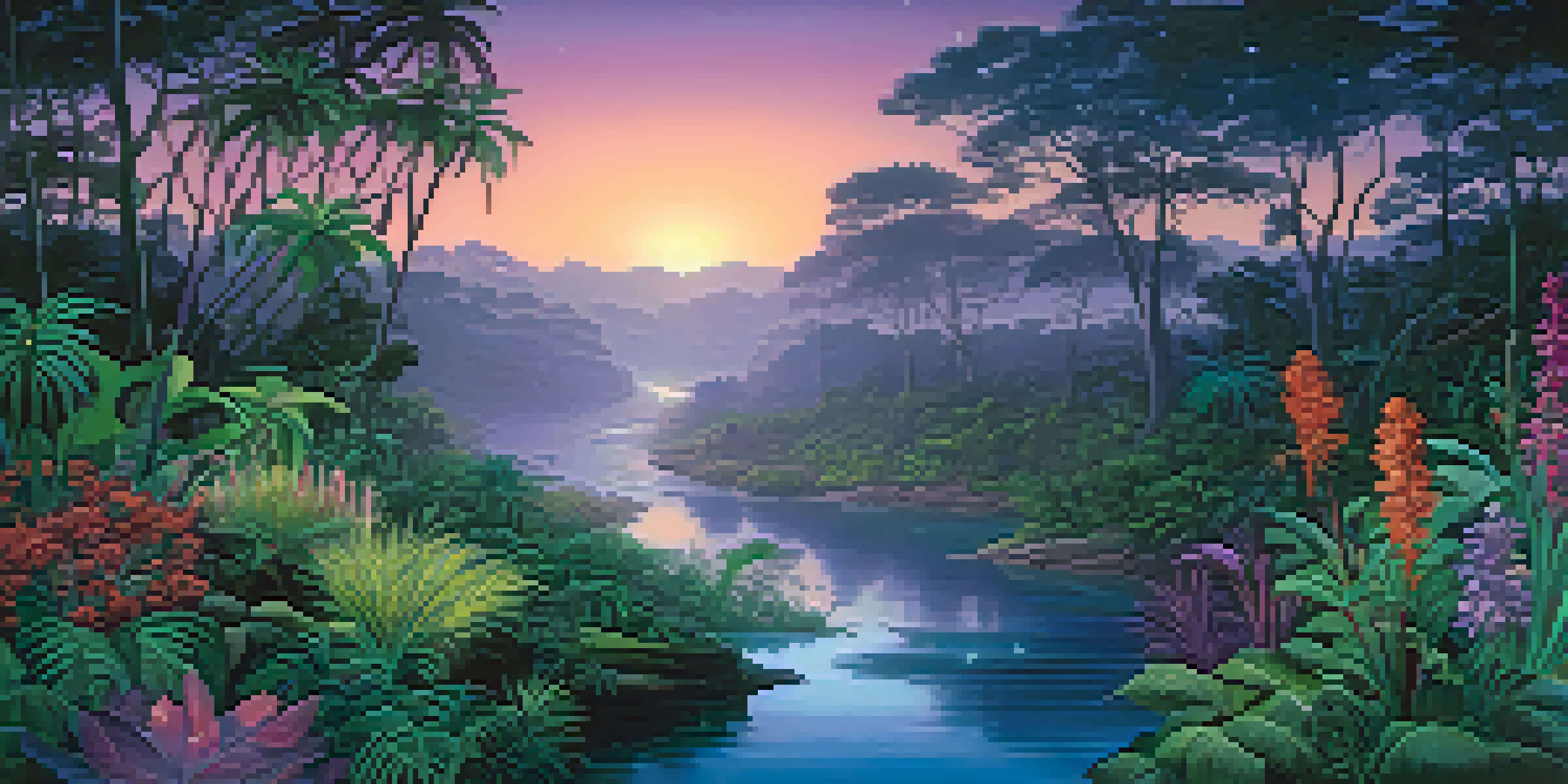 A tranquil jungle scene at dusk with a glowing river, bioluminescent plants, and Indigenous people in ceremonial attire.
