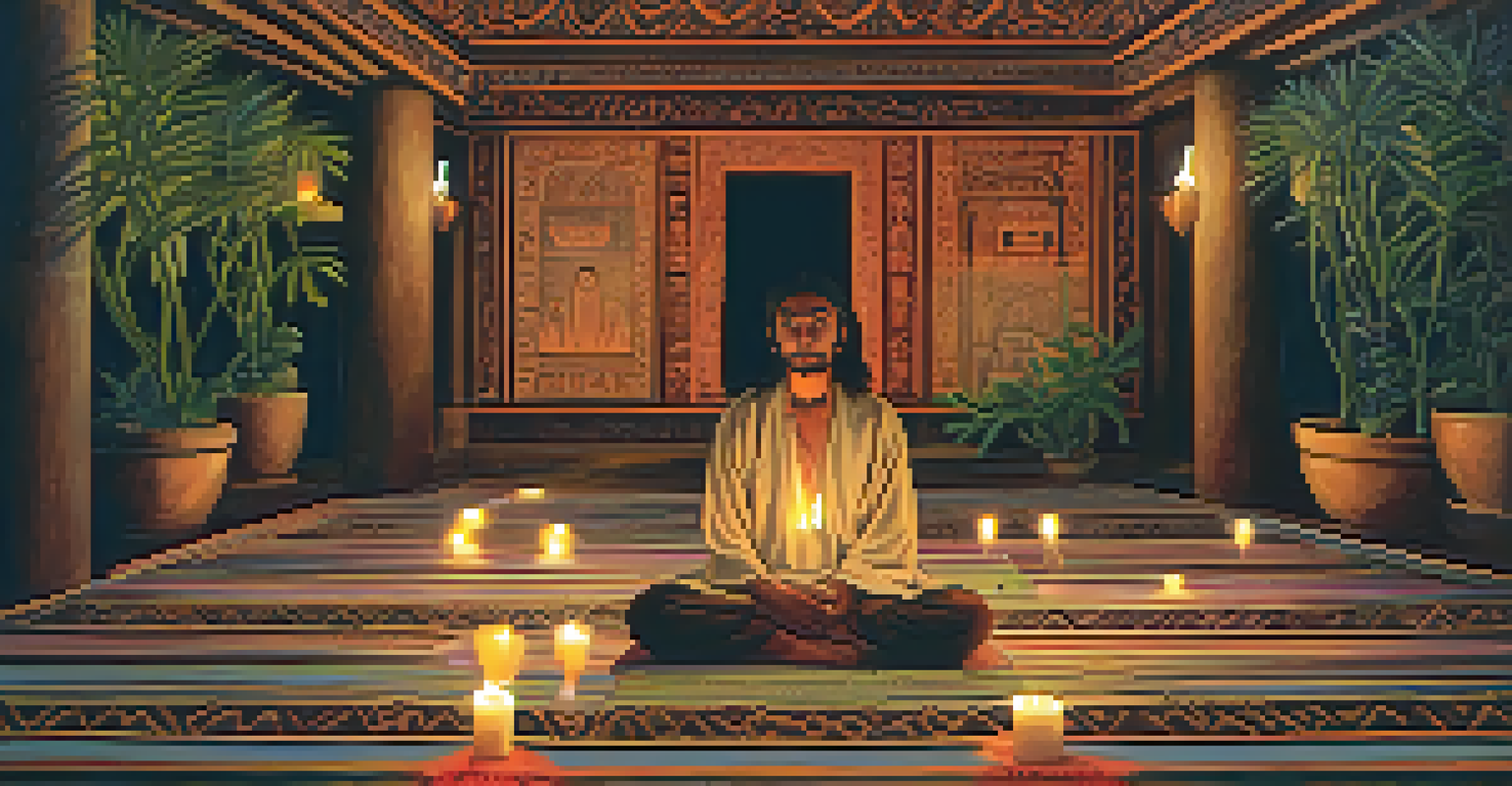 A person meditating in a candlelit ceremonial space, surrounded by plants and traditional art, conveying a mood of introspection and peace.
