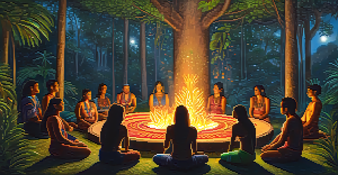 An ayahuasca ceremony in the Amazon rainforest, participants in a circle around a fire, surrounded by nature.